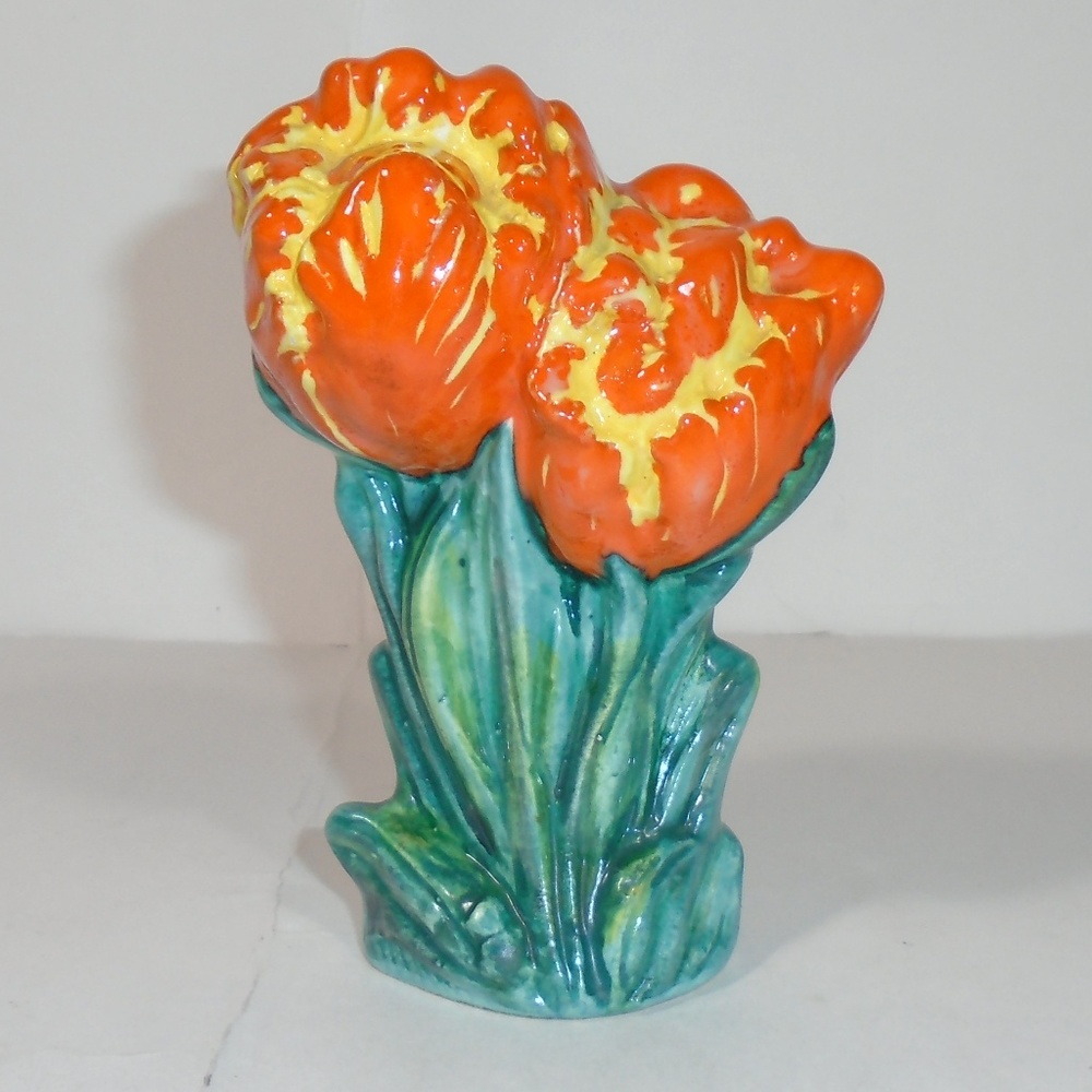 Vintage Orange and Yellow Tulip Ceramic Vase with Green Stem